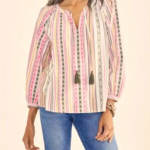Style‎ & Co Women's Jacquard Pink Yellow Gray Striped Peasant Cotton Blouse Med.